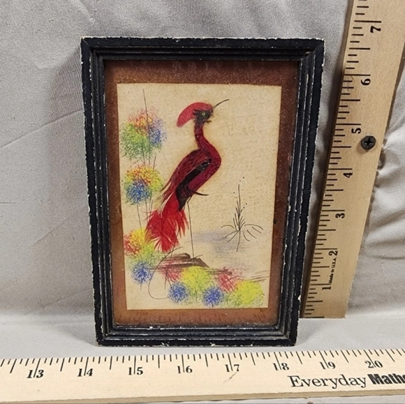 Antique Real Feather Art Red Bird Small Hand Mirror Great Shape